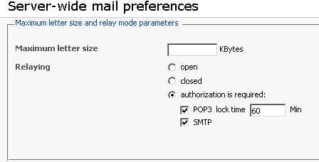 Maximum letter size and relay mode parameters.