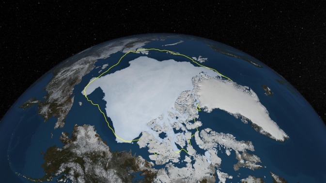The retreat of sea ice in the Arctic Ocean.